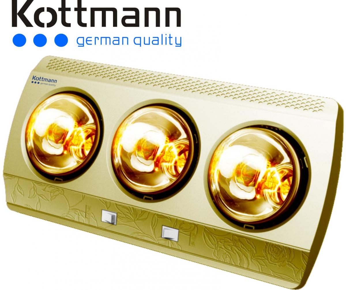 Đèn sưởi nhà tắm Kottmann 3 bóng vàng giảm chói mắt khi sử dụng.